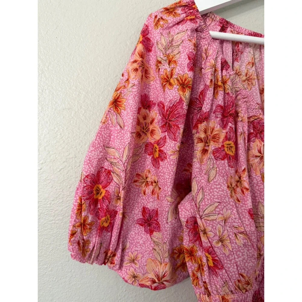 LOFT Pink Floral Smocked Waist Puff Sleeve Blouse Top Medium NWT 37036782